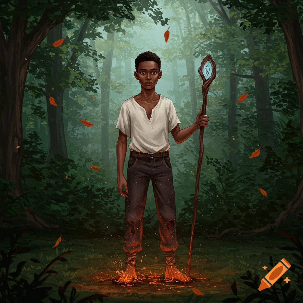 Young dark-skinned man with ash on his feet and clothes, holding a glowing wizard staff, standing in a forest.
