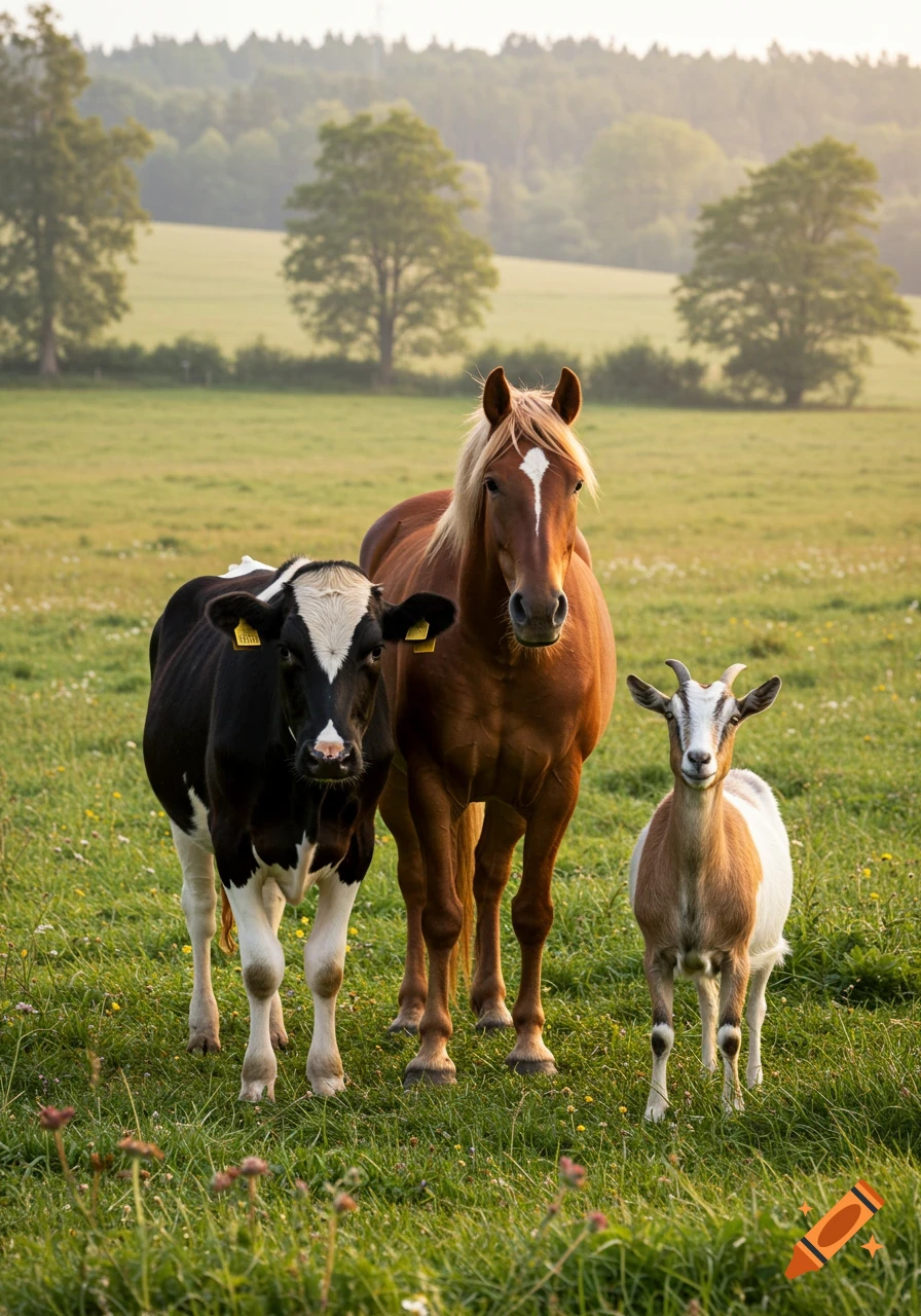 Photorealistic image of a cow, a horse, and a goat standing in a green field with trees in the background.