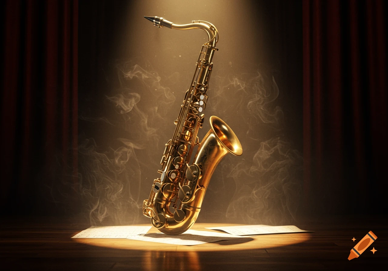 A golden saxophone stands upright on a wooden stage, illuminated by a spotlight, with sheet music on the floor and red curtains in the background.