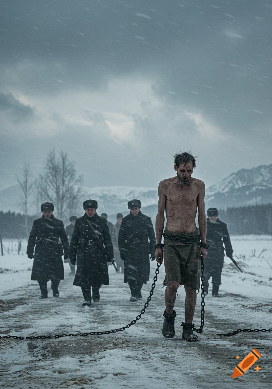 A chained, emaciated, shirtless man walks a snowy road, guarded by armed men in long black coats, under a cloudy sky.