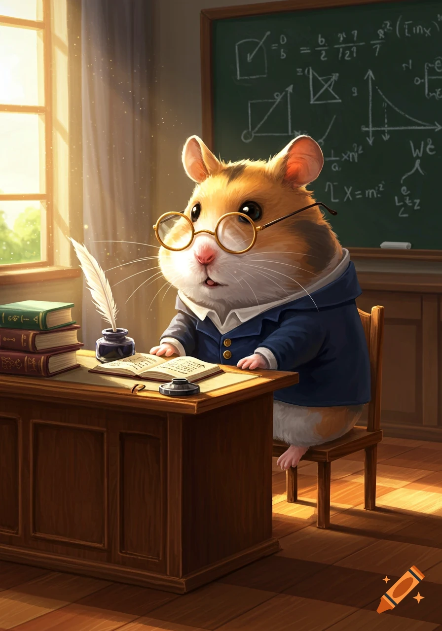 A cute anthropomorphic hamster wearing glasses and a suit sits at a desk with books and a quill in a sunlit classroom, with a blackboard behind.