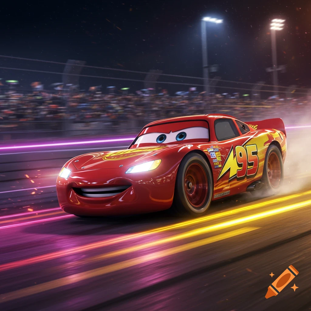 Lightning McQueen races at night on a track, with bright pink and yellow light trails and a cheering crowd in the background.
