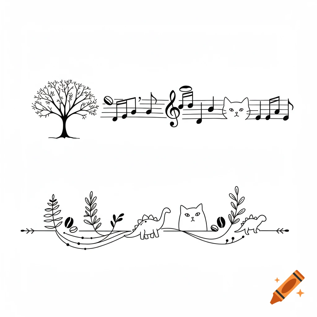 Minimalist black and white line art tattoo design featuring a tree, musical notes, cats, dinosaurs, and botanical elements.