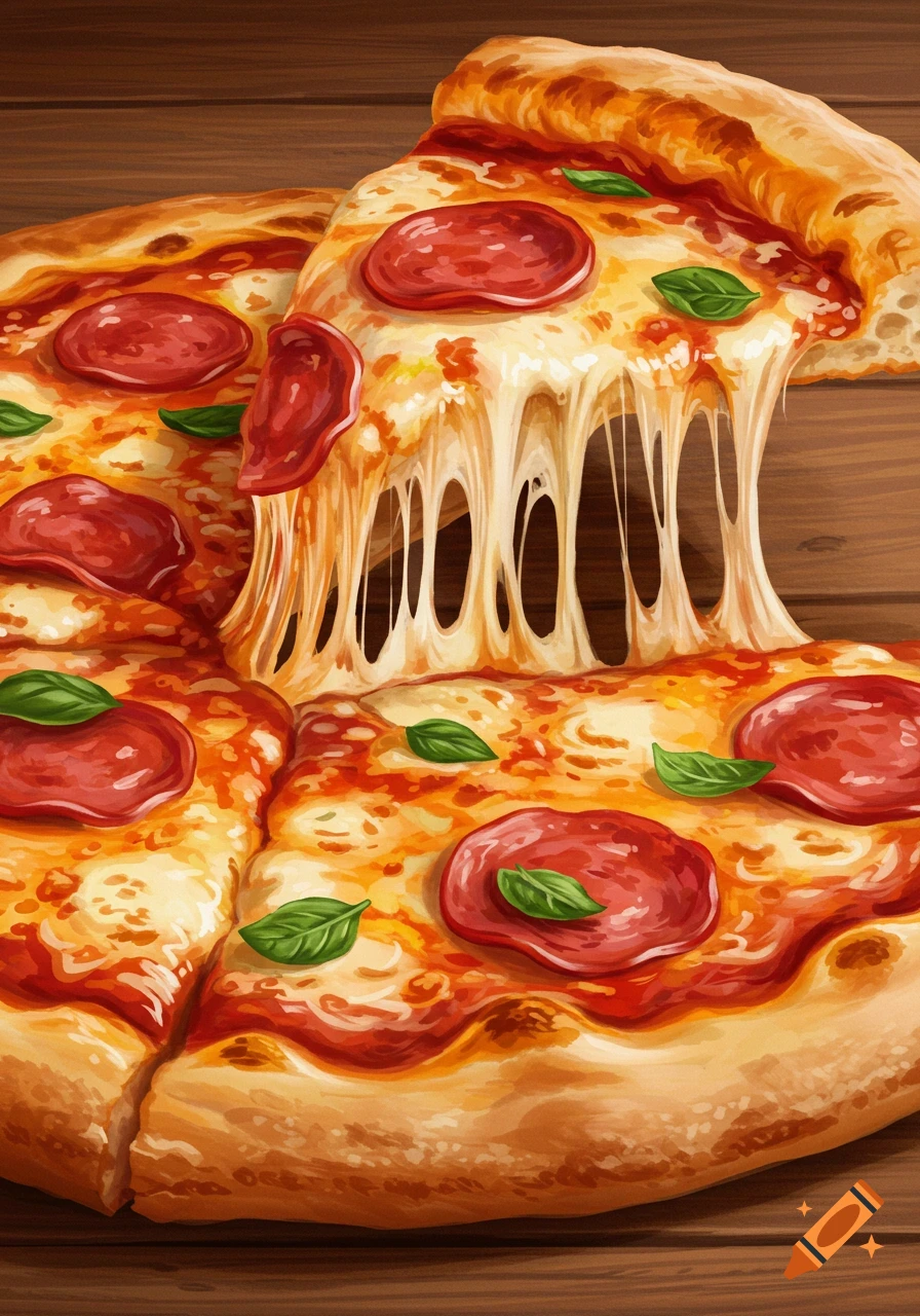 Close-up illustration of a pepperoni pizza with a slice lifted, showing melted cheese stretching.