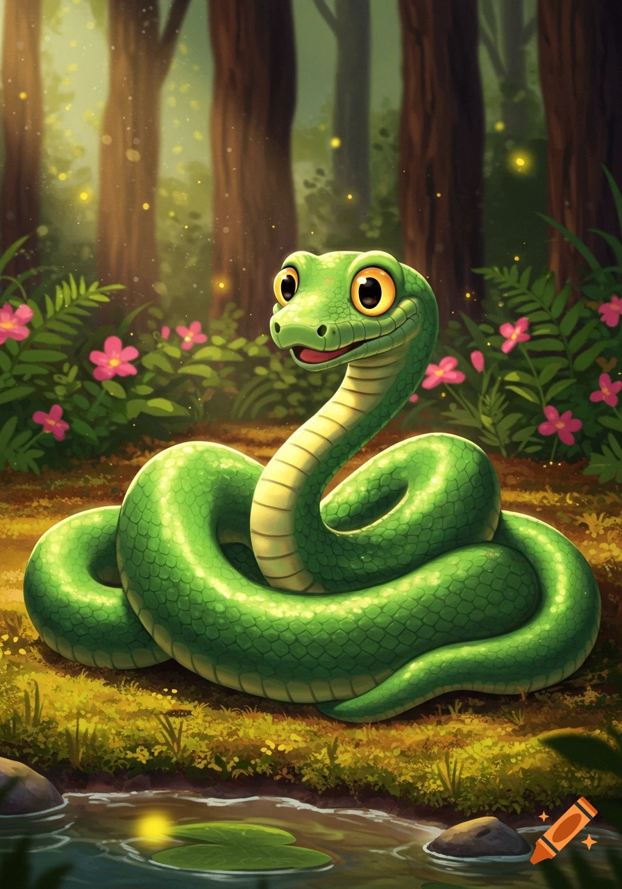 A happy cartoon green snake with big eyes coiled on the forest floor next to a stream, surrounded by pink flowers and trees.
