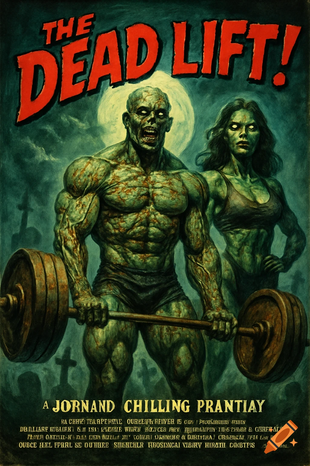 A vintage horror movie poster depicts a muscular male zombie bodybuilder doing a deadlift, with a female zombie bodybuilder standing behind him, against a dark, cloudy sky with a full moon and tombstones.