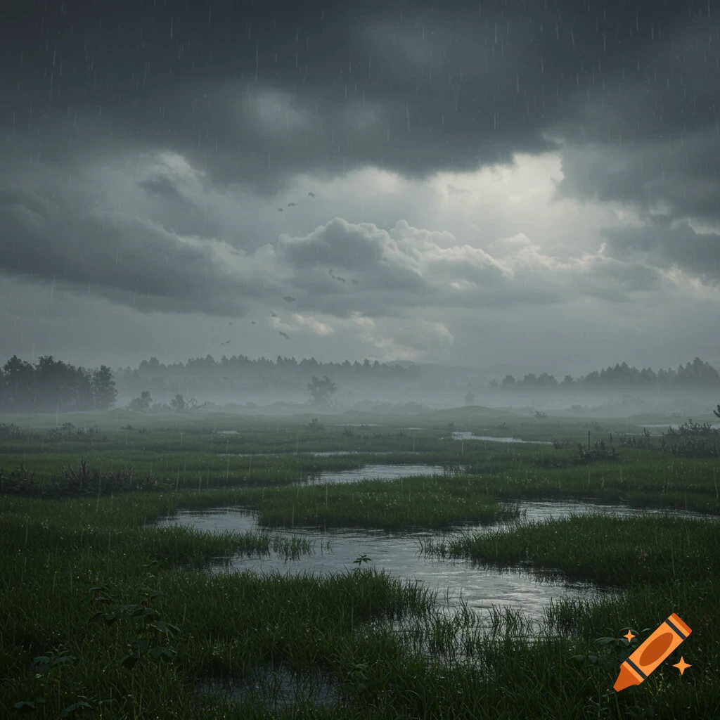Photorealistic marshland with green grass and puddles under a dark, rainy, and cloudy sky, with a hazy forest in the background.