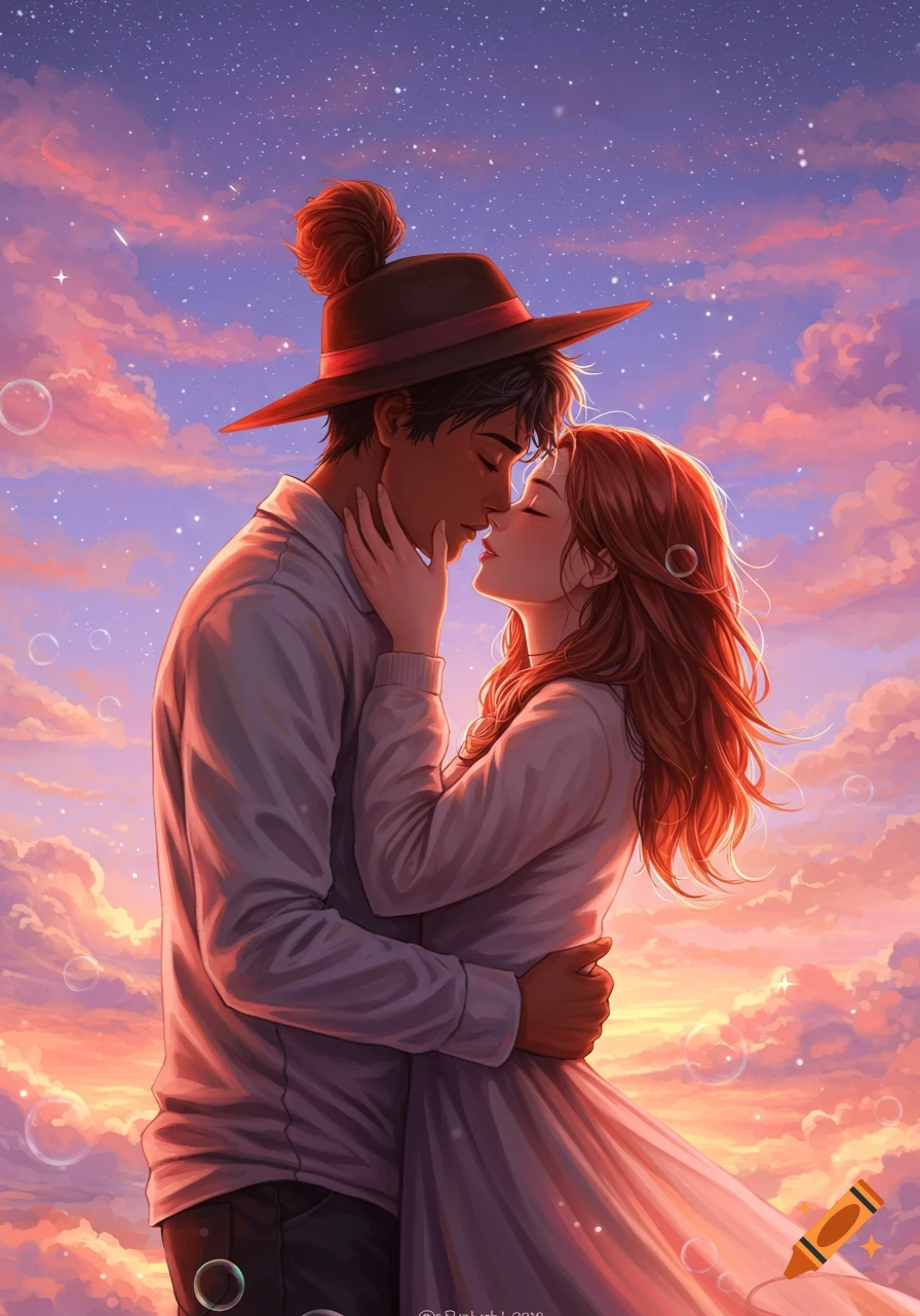 Digital illustration of a mixed-race couple embracing and kissing under a dreamy pink and purple sunset sky filled with stars and clouds.