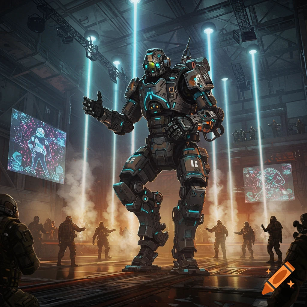 Large sci-fi robot with glowing blue accents standing among soldiers in a dark, industrial hangar.