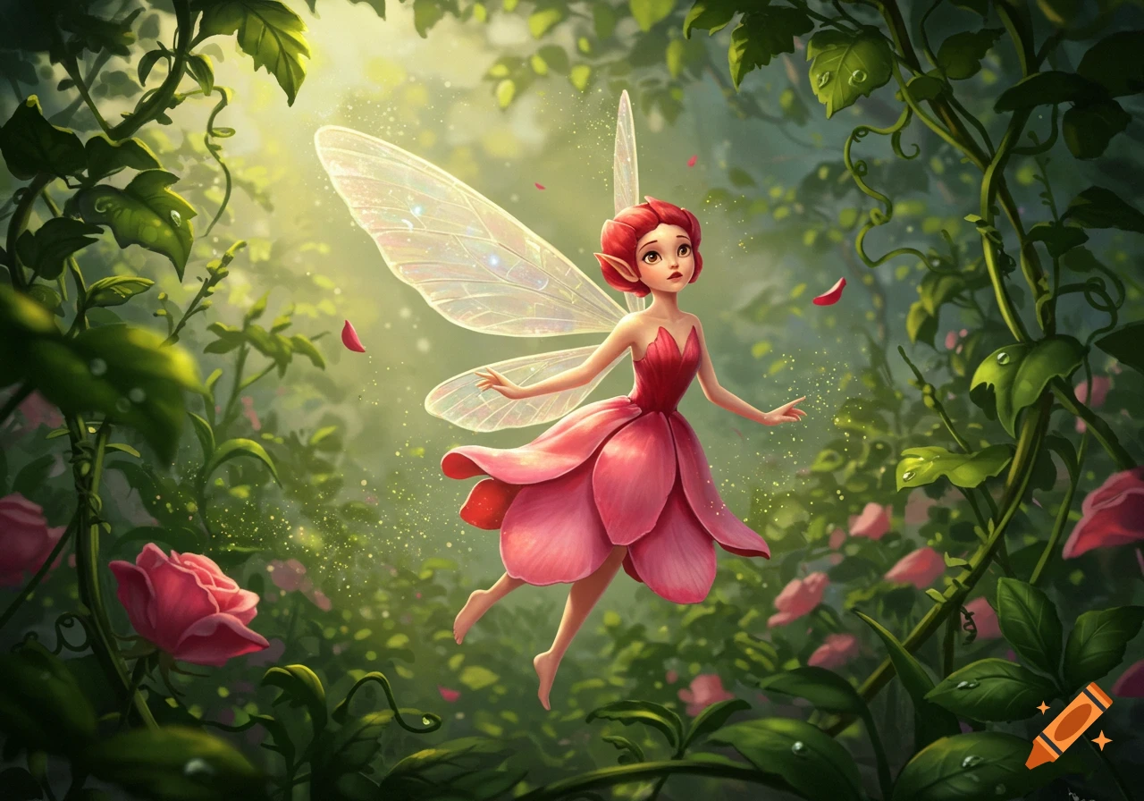 A red-haired petal fairy in a pink petal dress floats in a sunlit, enchanting forest with green vines and pink roses.