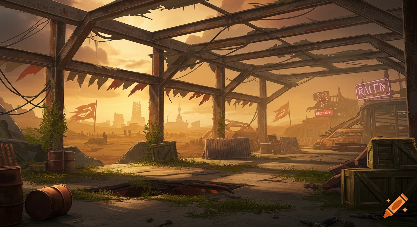 A stylized post-apocalyptic shooter game background, featuring a ruined building structure with torn flags and rusted barrels under an orange sky.