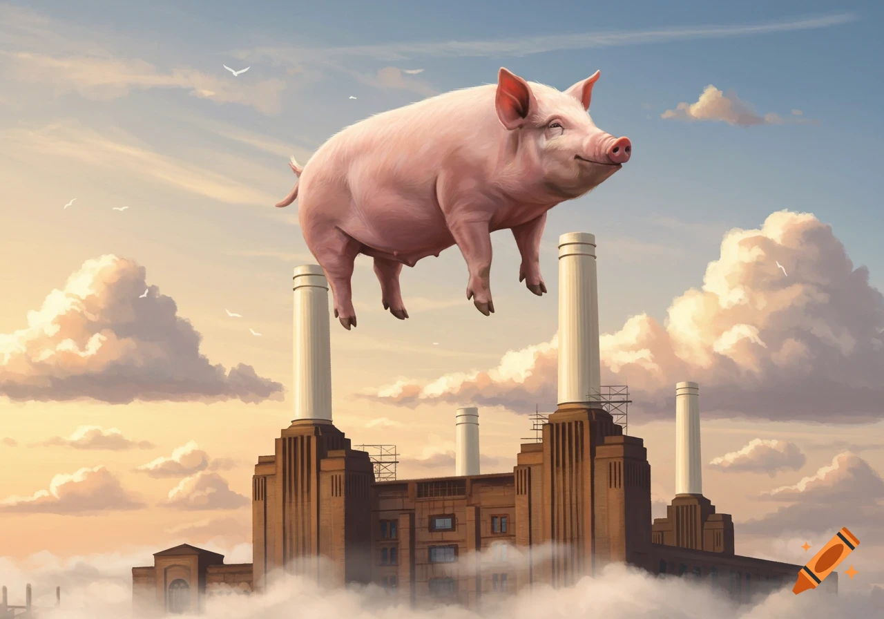 A large pink pig floats serenely above the iconic Battersea Power Station, surrounded by fluffy clouds at sunset.