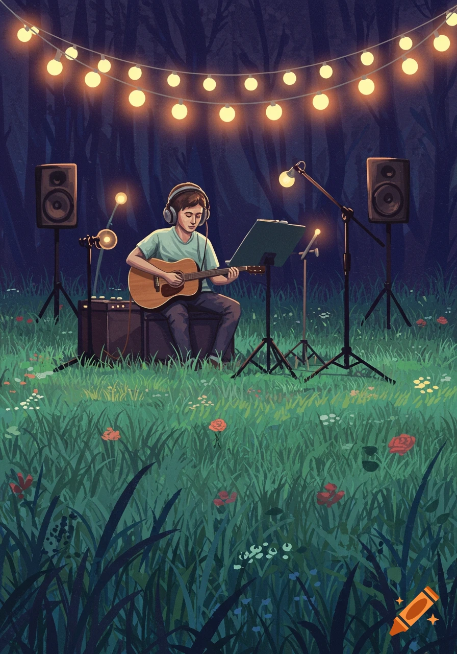 An illustrated person plays an acoustic guitar with headphones on in a grassy field at night, lit by string lights.