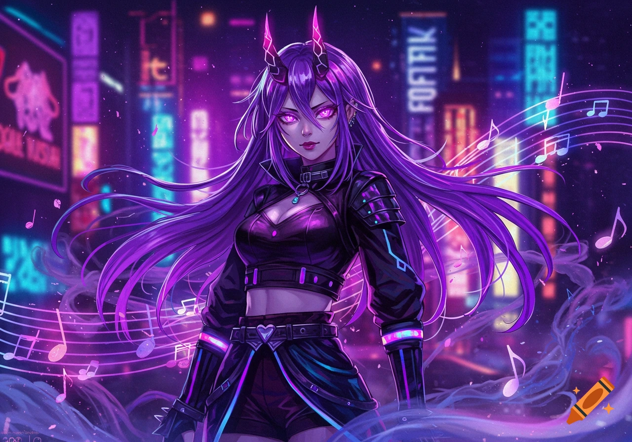 An anime girl with purple hair and horns, glowing purple eyes, wearing a black crop top and jacket, stands in a neon-lit cyberpunk city with musical notes.