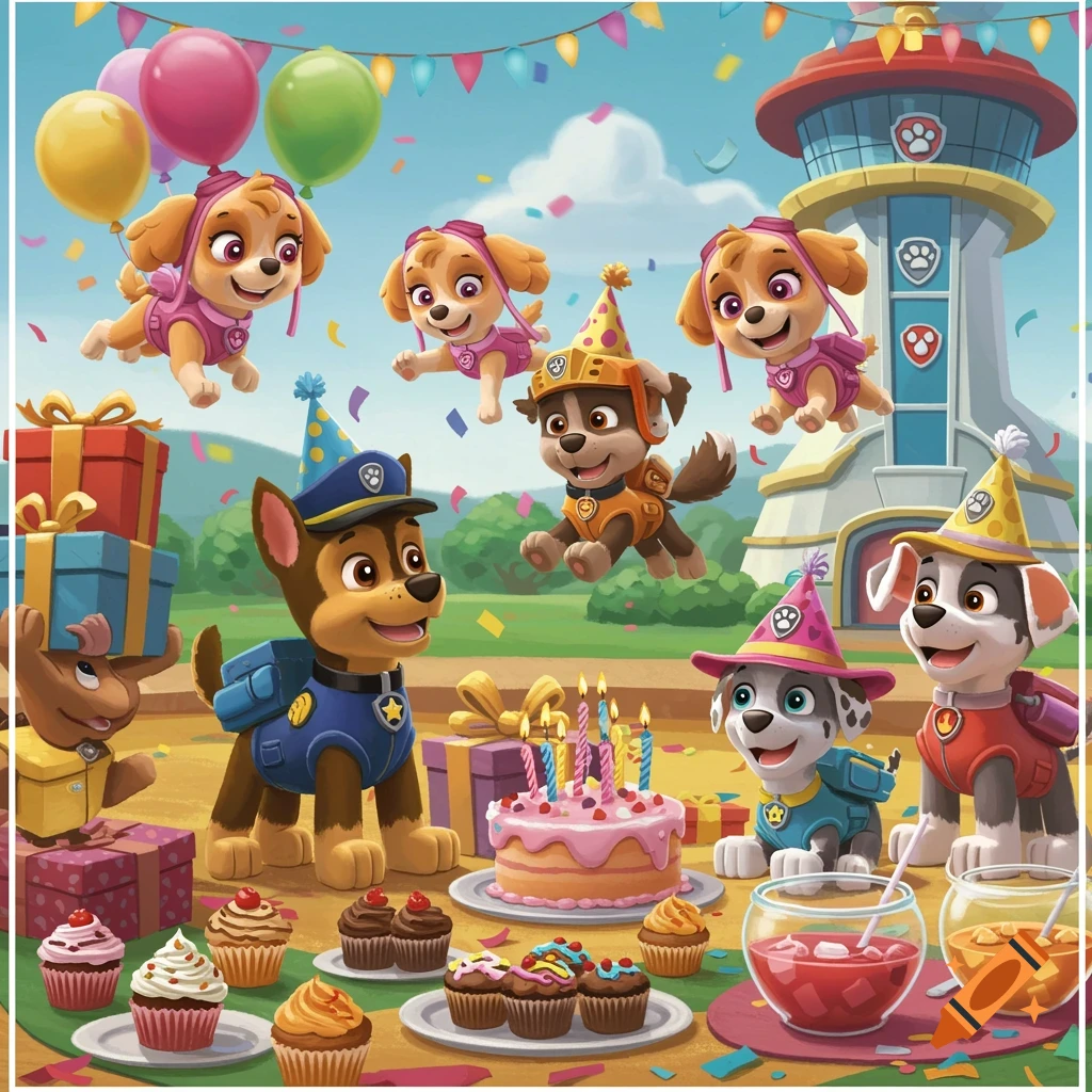 Paw Patrol characters celebrating a birthday party with cake, cupcakes, balloons, presents, and confetti outdoors.