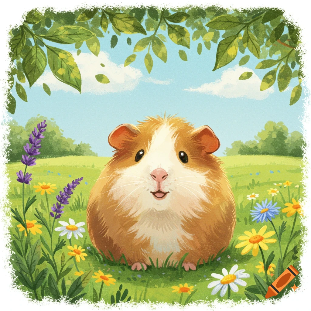 A cute, fluffy guinea pig sits smiling in a bright green field filled with colorful wildflowers and lavender, framed by green leaves, in an illustration.