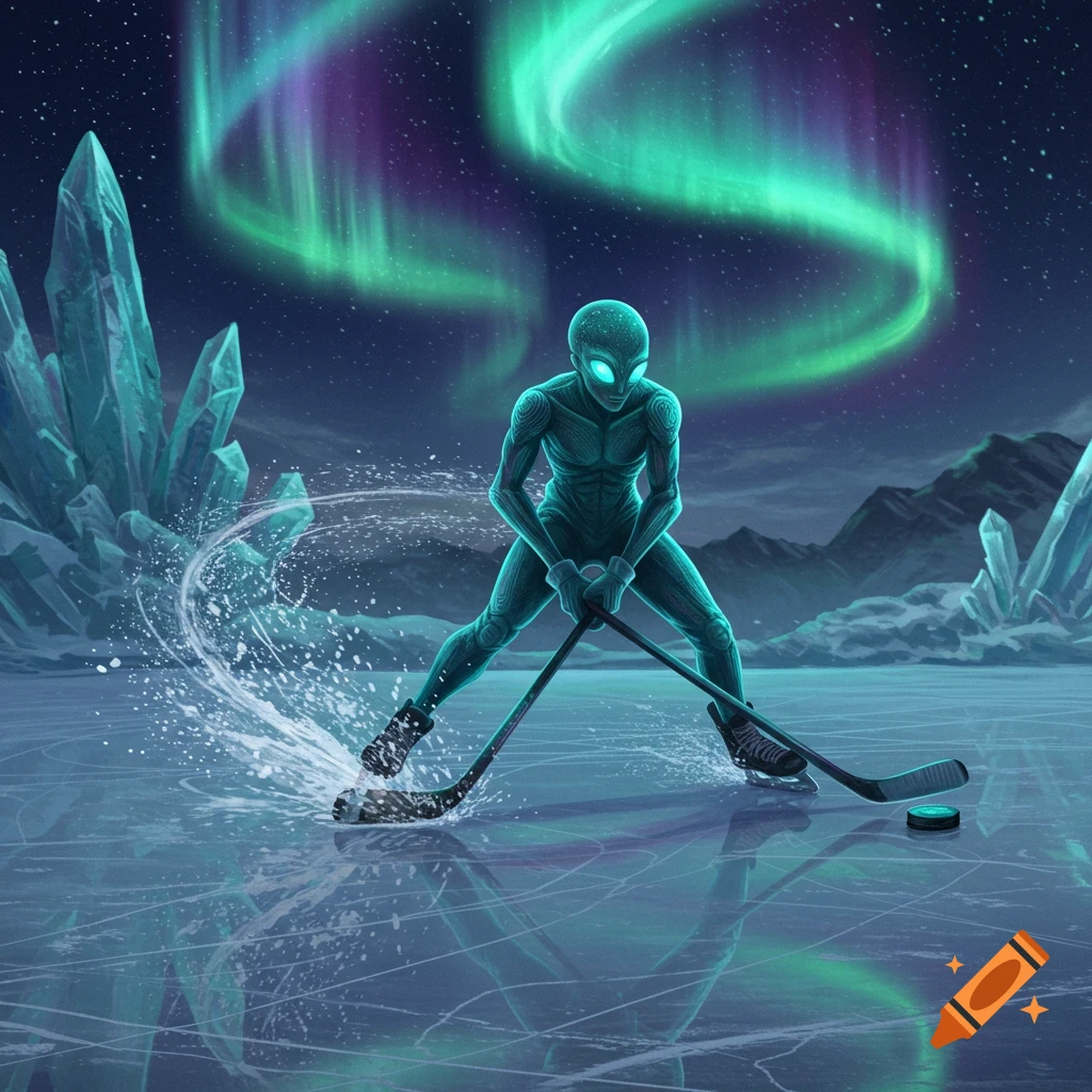 A teal alien playing hockey on an icy rink, surrounded by large ice crystals and mountains under a vibrant green and purple aurora borealis.