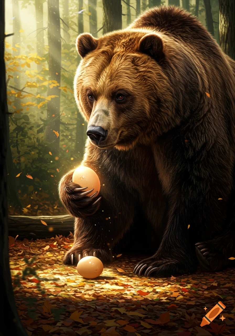 A photorealistic brown bear gently holds a glowing egg in a sunny autumn forest, with another egg on the ground.