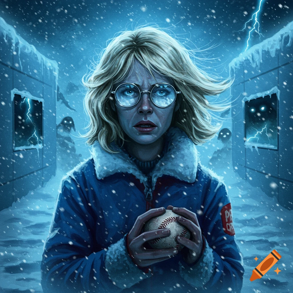 A blonde woman with glasses, holding a baseball in a dark, snowy landscape with lurking monsters and lightning. Dark fantasy illustration.