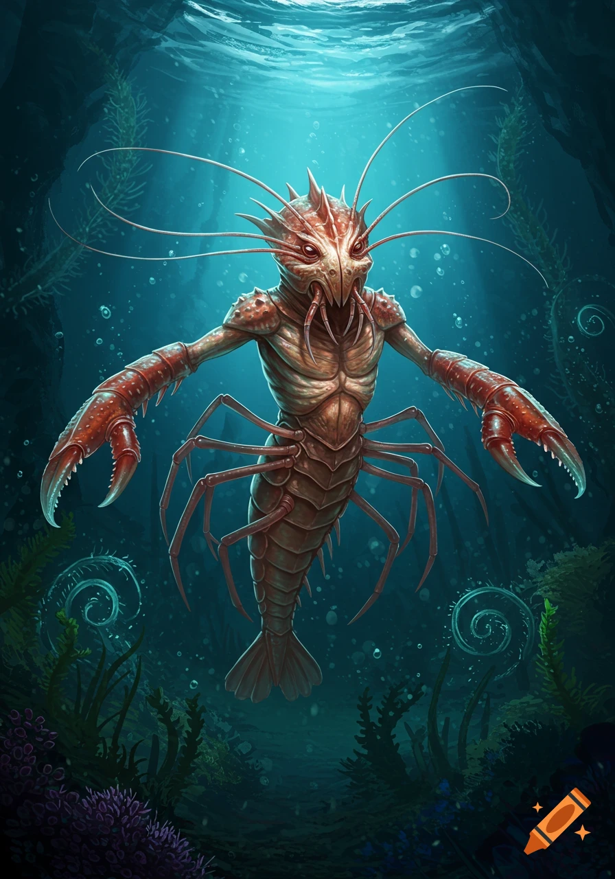 A detailed digital art illustration of a monstrous shrimp-like creature with human-like arms and large claws, floating in dark blue underwater depths with light filtering from above.