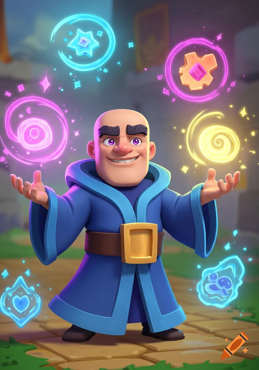 A bald cartoon wizard in a blue robe, similar to Clash Royale, with glowing magical spells and symbols floating around him.