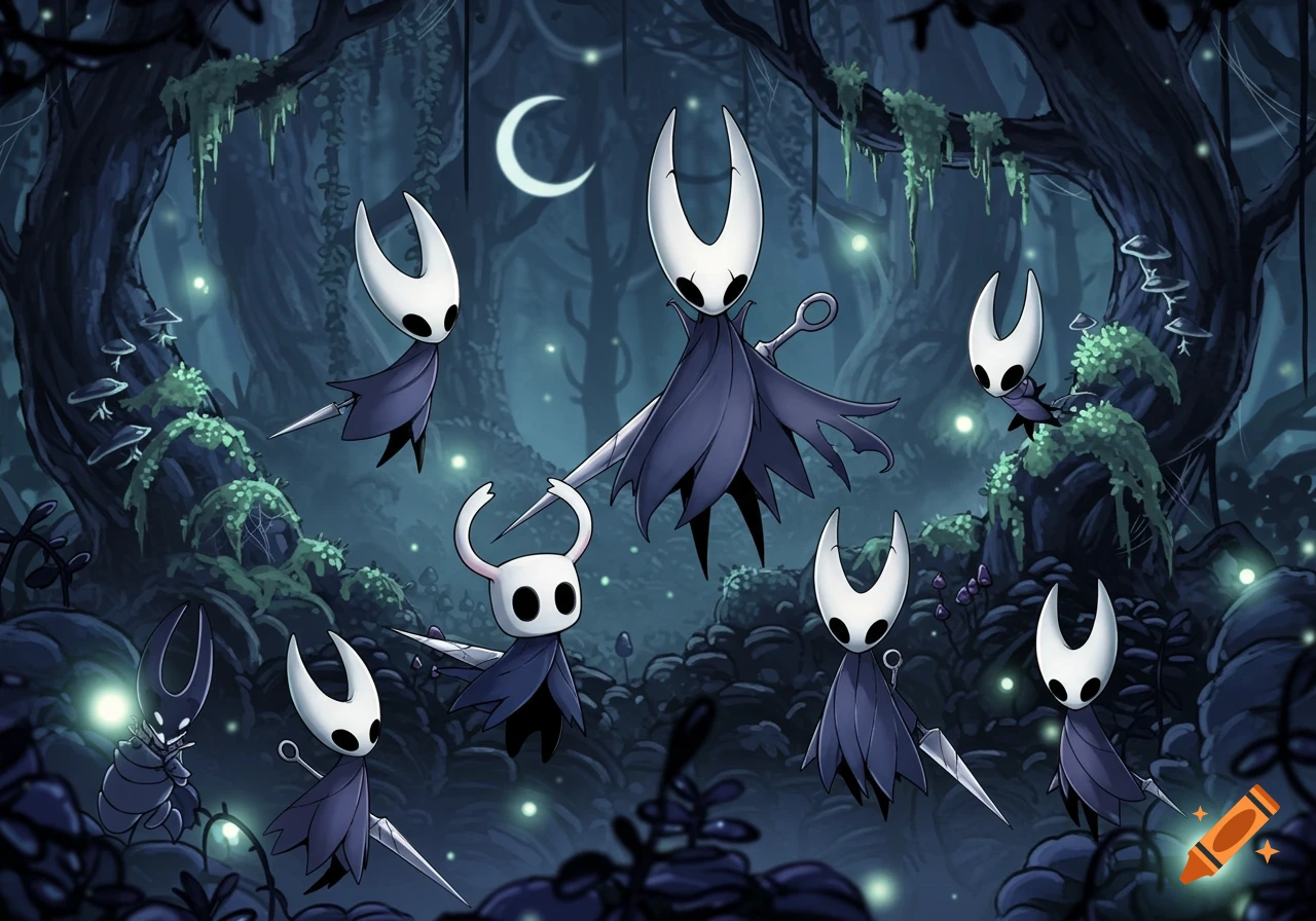 Stylized bug-like characters from Hollow Knight in a dark, glowing forest under a crescent moon.
