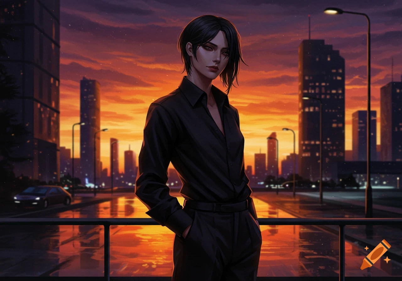 An anime-style girl with short black hair and a black outfit stands on a bridge overlooking a city at sunset, with orange sky reflecting on wet pavement.