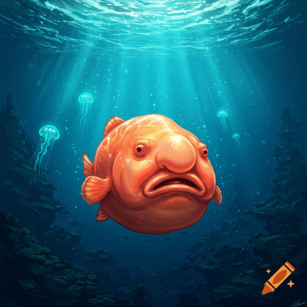 A brightly colored orange blob fish with a sad expression swims underwater with glowing jellyfish and coral, in a digital illustration.