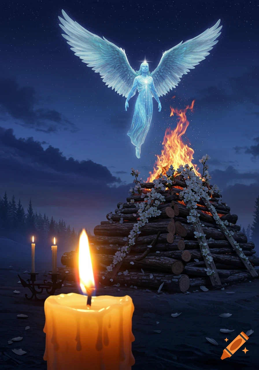 A glowing, ethereal angel with large wings hovers above a burning pyre decorated with white flowers, while a large candle burns in the foreground against a dark, starry night.