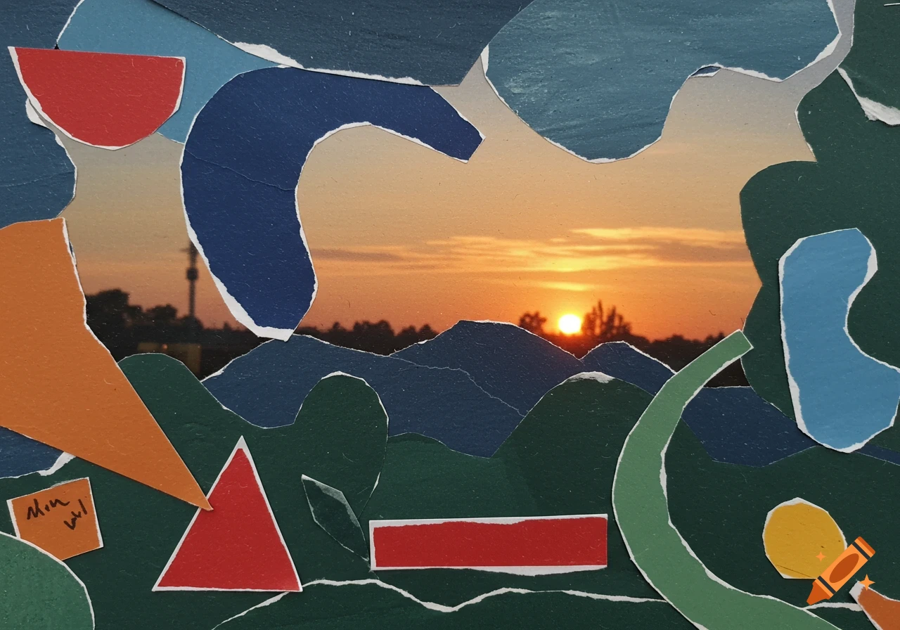 A paper collage featuring geometric and organic shapes in various colors framing a vibrant sunset over a landscape.