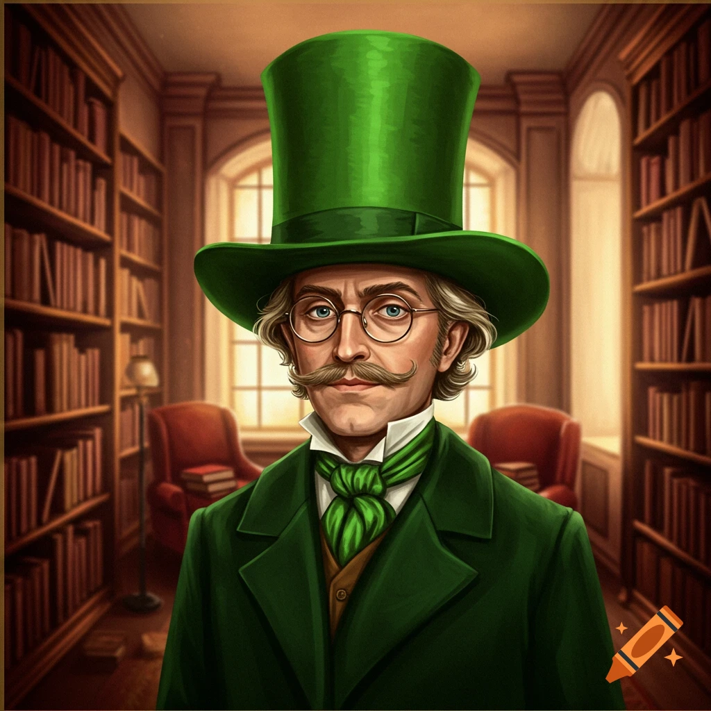 A man in a green top hat, green suit, glasses, and mustache stands in a library filled with bookshelves.