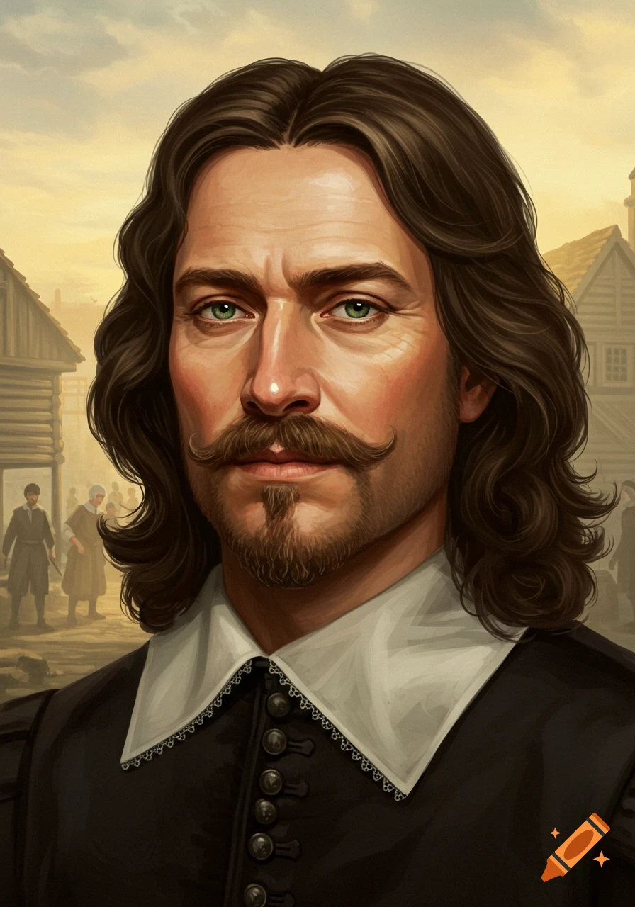 Portrait of a 17th-century man with long brown hair, mustache, green eyes, wearing a dark period coat with a white collar, set in a village.