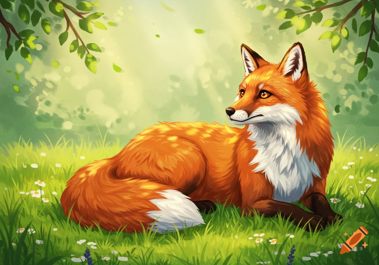 A cute orange and white cartoon fox with bright yellow eyes lies in soft green grass with small white flowers under dappled sunlight and green leaves.