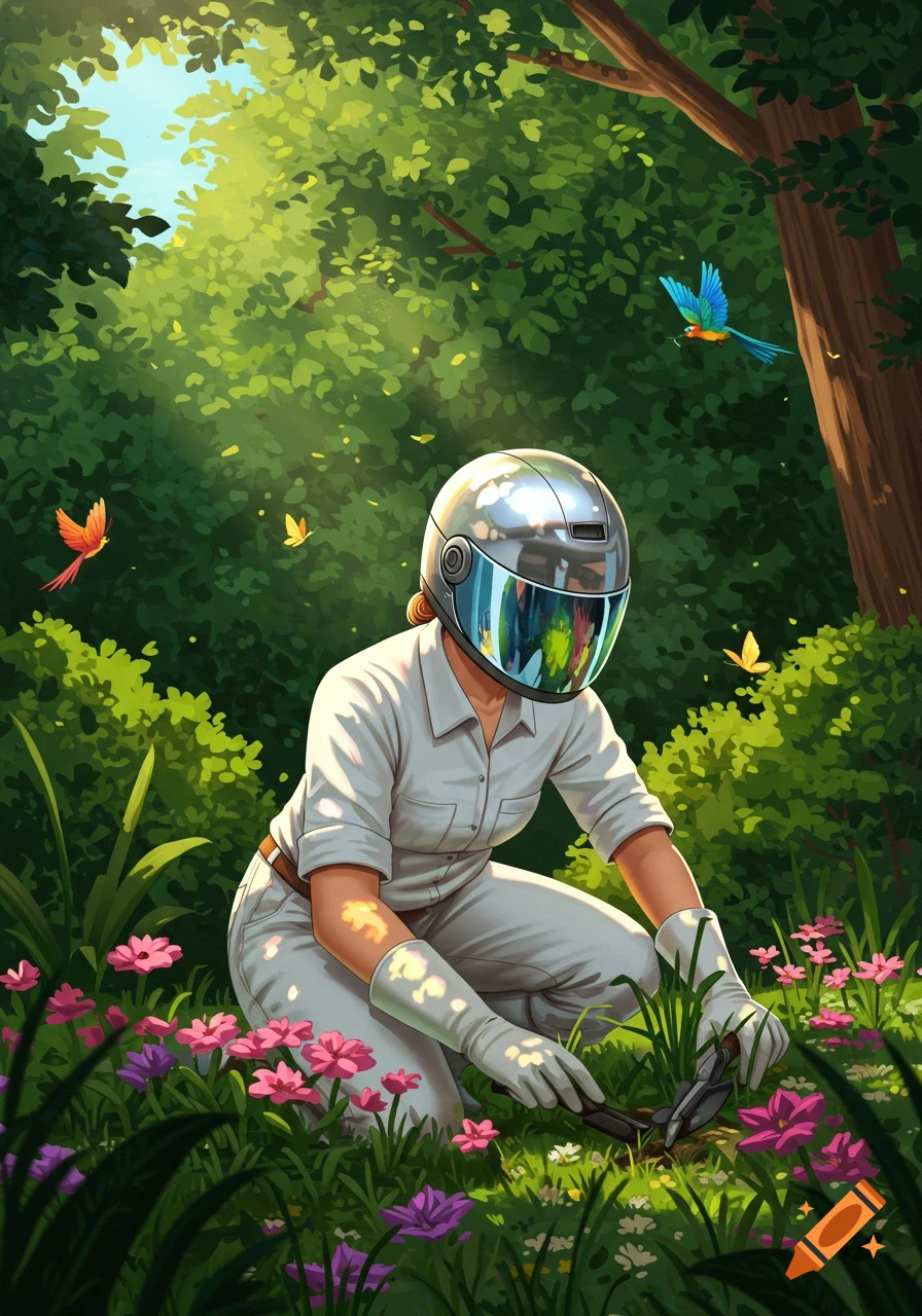 A person in a futuristic chrome helmet and white work clothes kneels in a vibrant, sun-dappled garden, tending to plants. Digital illustration.