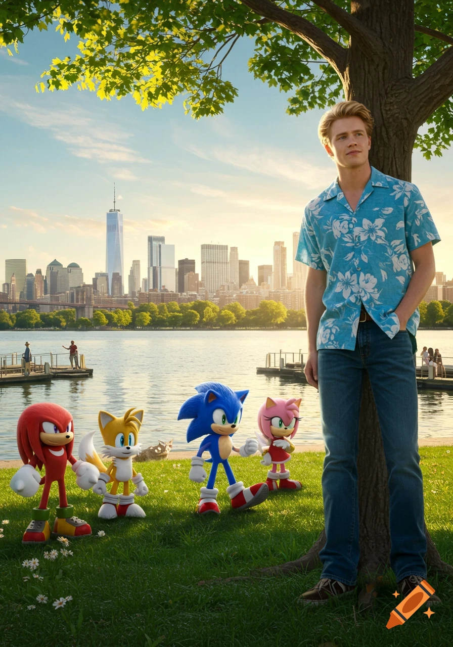A blonde man leans against a tree with Sonic, Tails, Knuckles, and Amy in a park overlooking a city skyline.