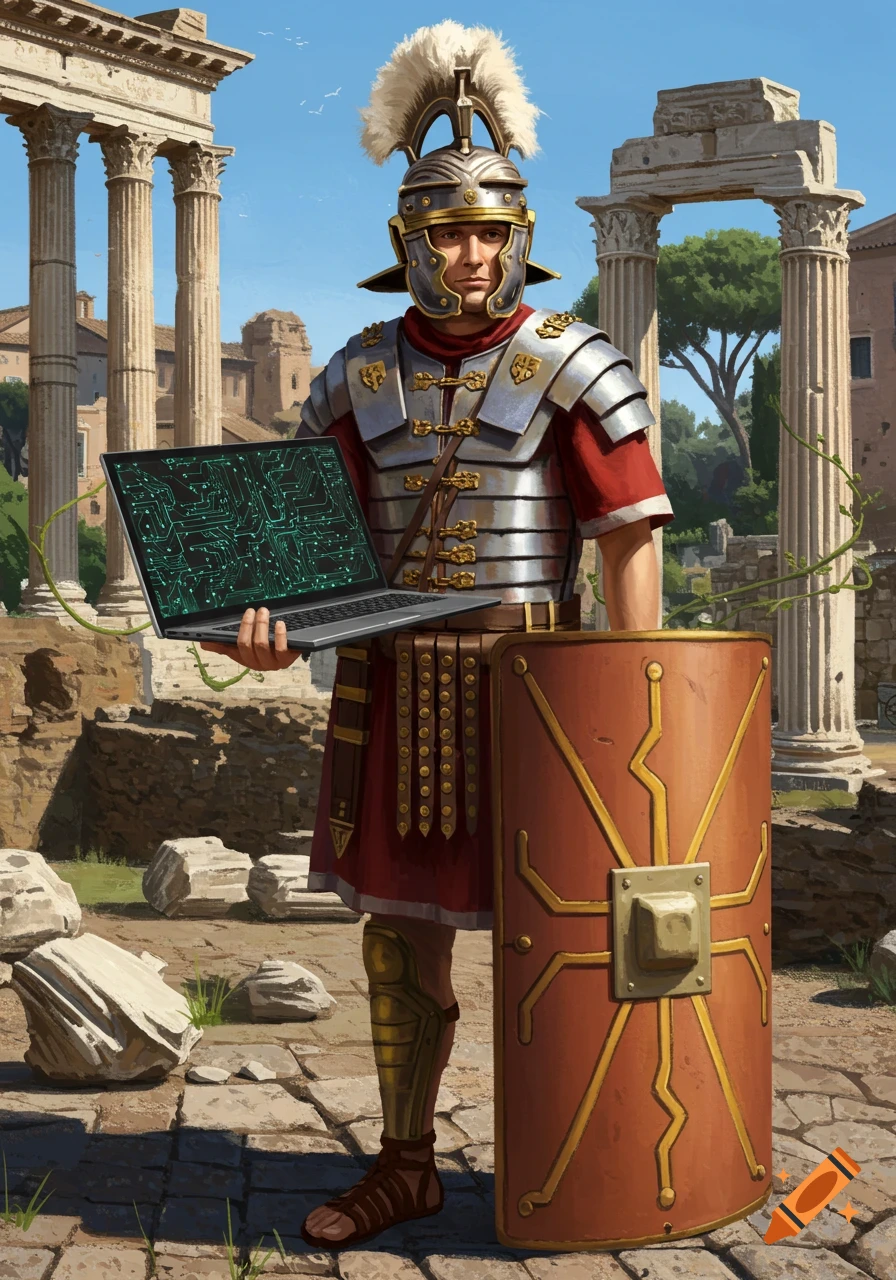 Roman legionary in full armor holds a laptop with a circuit board display and a shield, standing in ancient ruins.