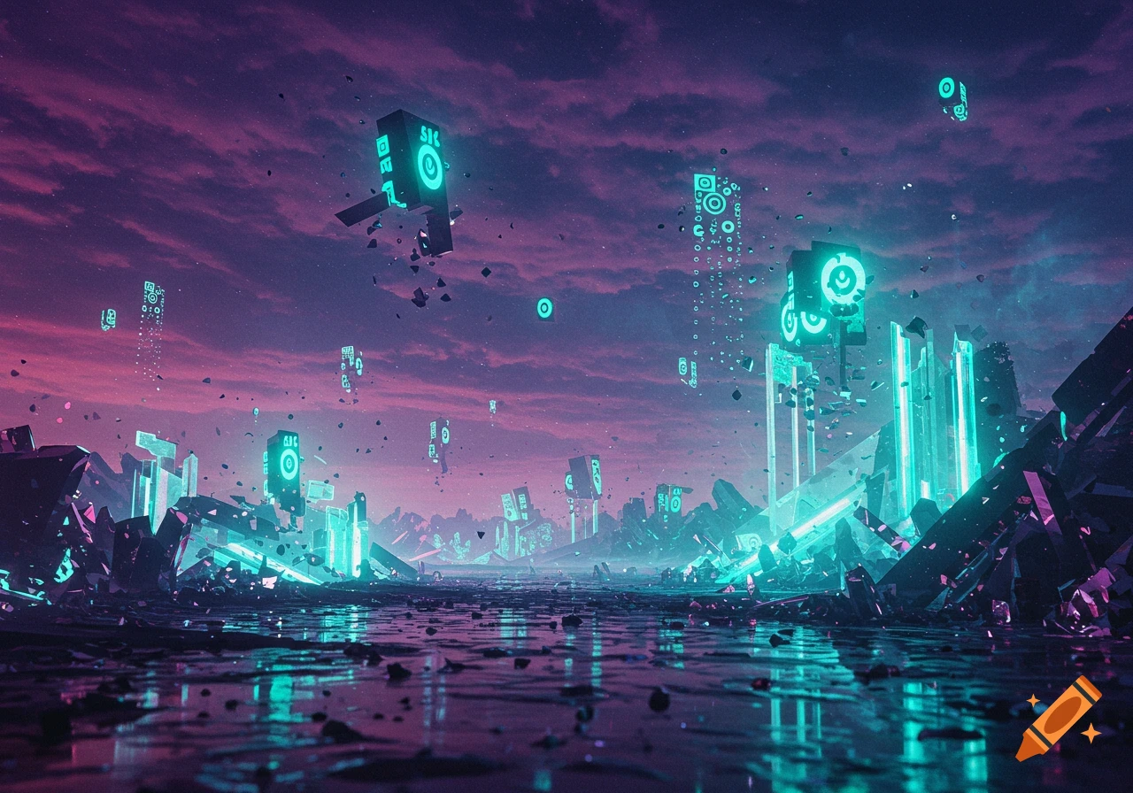 A dark, futuristic landscape under a purple-pink sky with glowing turquoise and magenta crystalline structures, reflecting on a dark, wet ground.