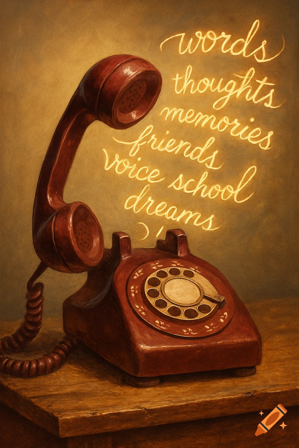 A vintage burgundy rotary phone on a wooden table, with glowing words like 'words' and 'thoughts' emanating from the receiver in a painterly, nostalgic style.