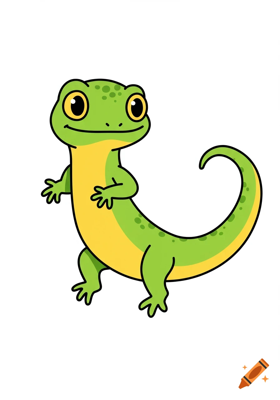 A cartoon illustration of a cute green lizard with a yellow belly and big eyes, standing on a white background.