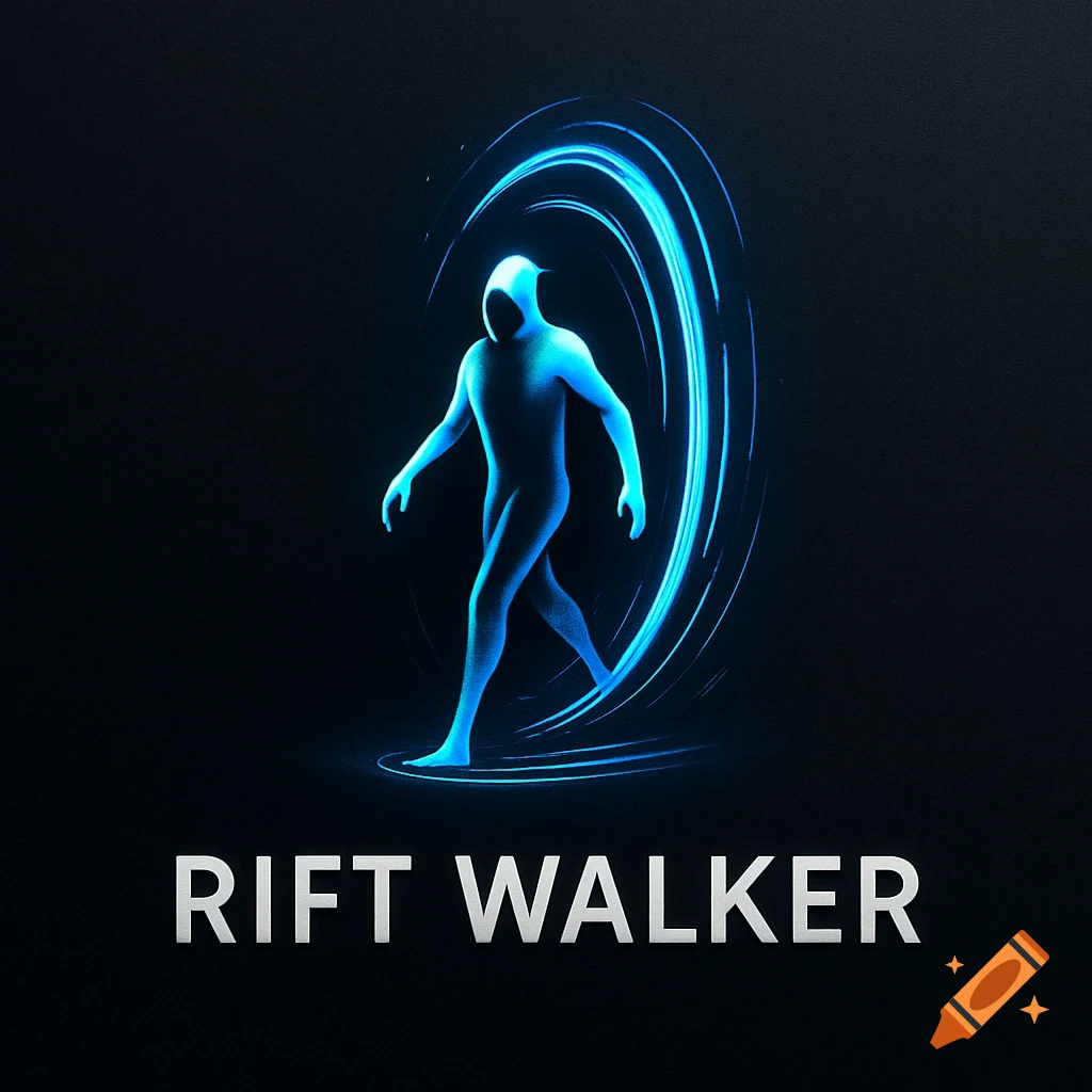 A blue glowing hooded figure steps out of a circular energy portal on a dark background, with the words 'RIFT WALKER' below.