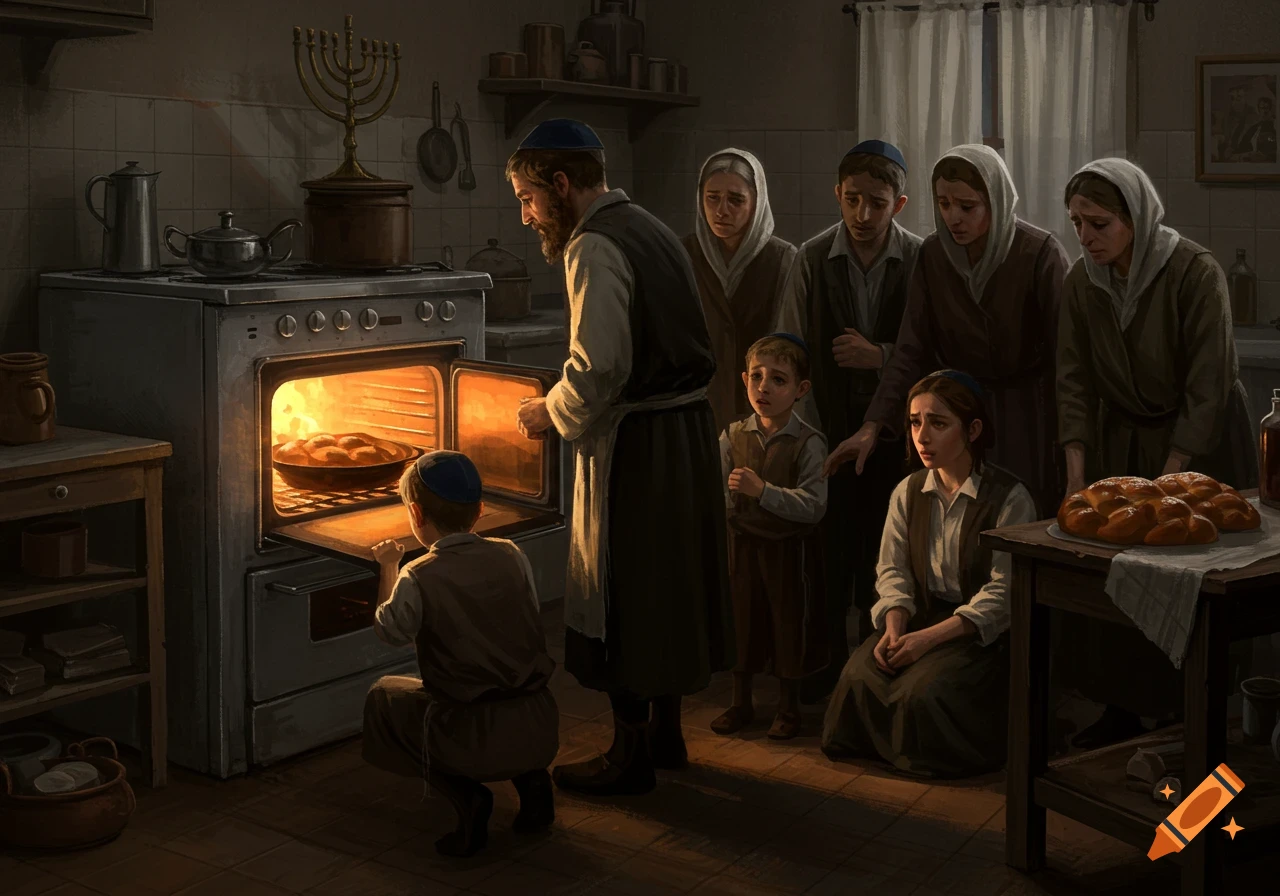 A Jewish family, in a painting style, watches a man open an oven baking bread in a dimly lit kitchen.