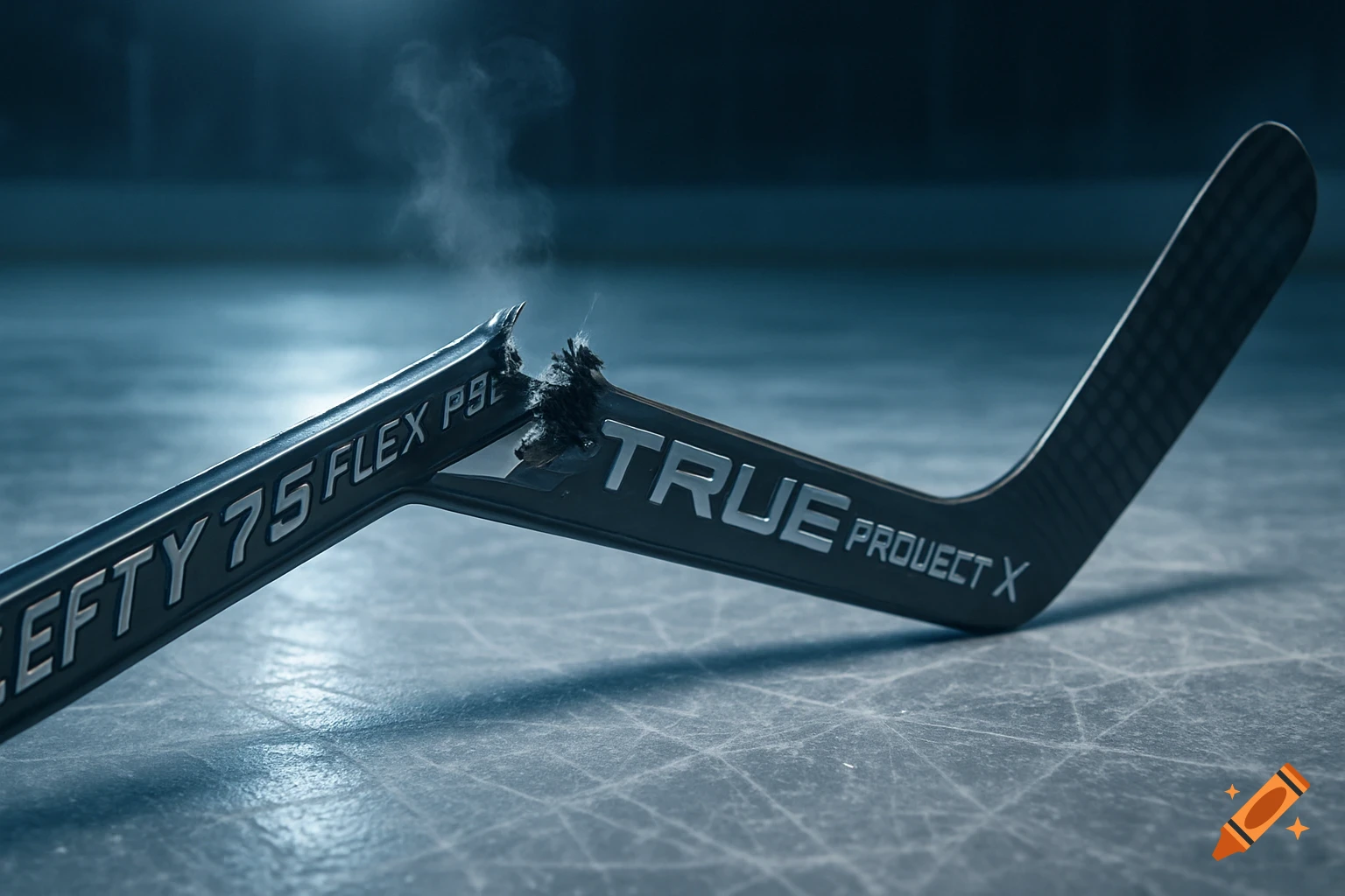 Photorealistic close-up of a broken black hockey stick lying on an ice rink with smoke rising from the break.