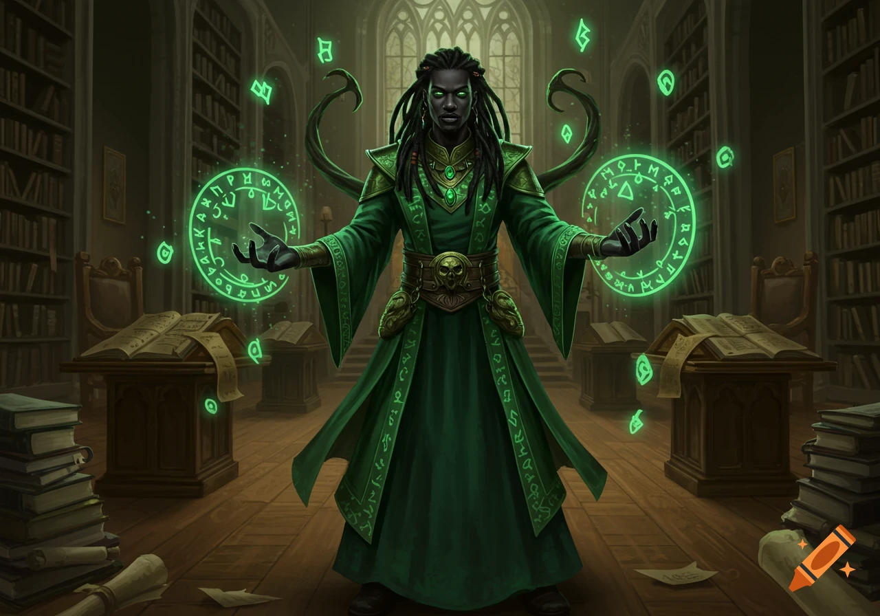 A dark-skinned warlock with dreadlocks and green robes stands in a library, casting glowing green magic.