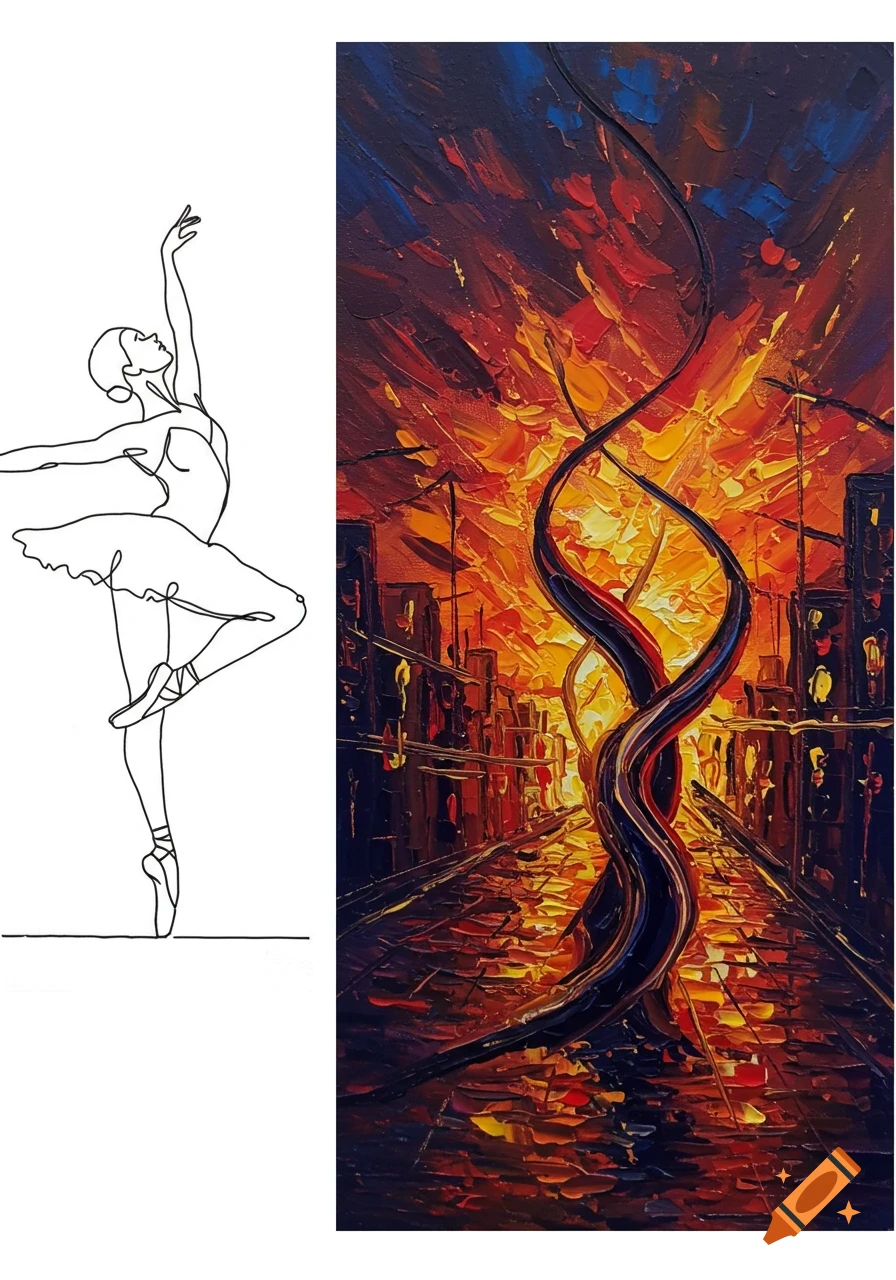 A diptych showing a continuous line drawing of a ballerina on the left and an impasto abstract painting of a fiery cityscape on the right.