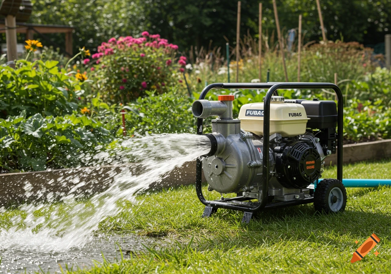 Photorealistic image of a FUBAG gasoline water pump spraying water onto garden beds on a sunny day, with lush green plants and flowers in the background.