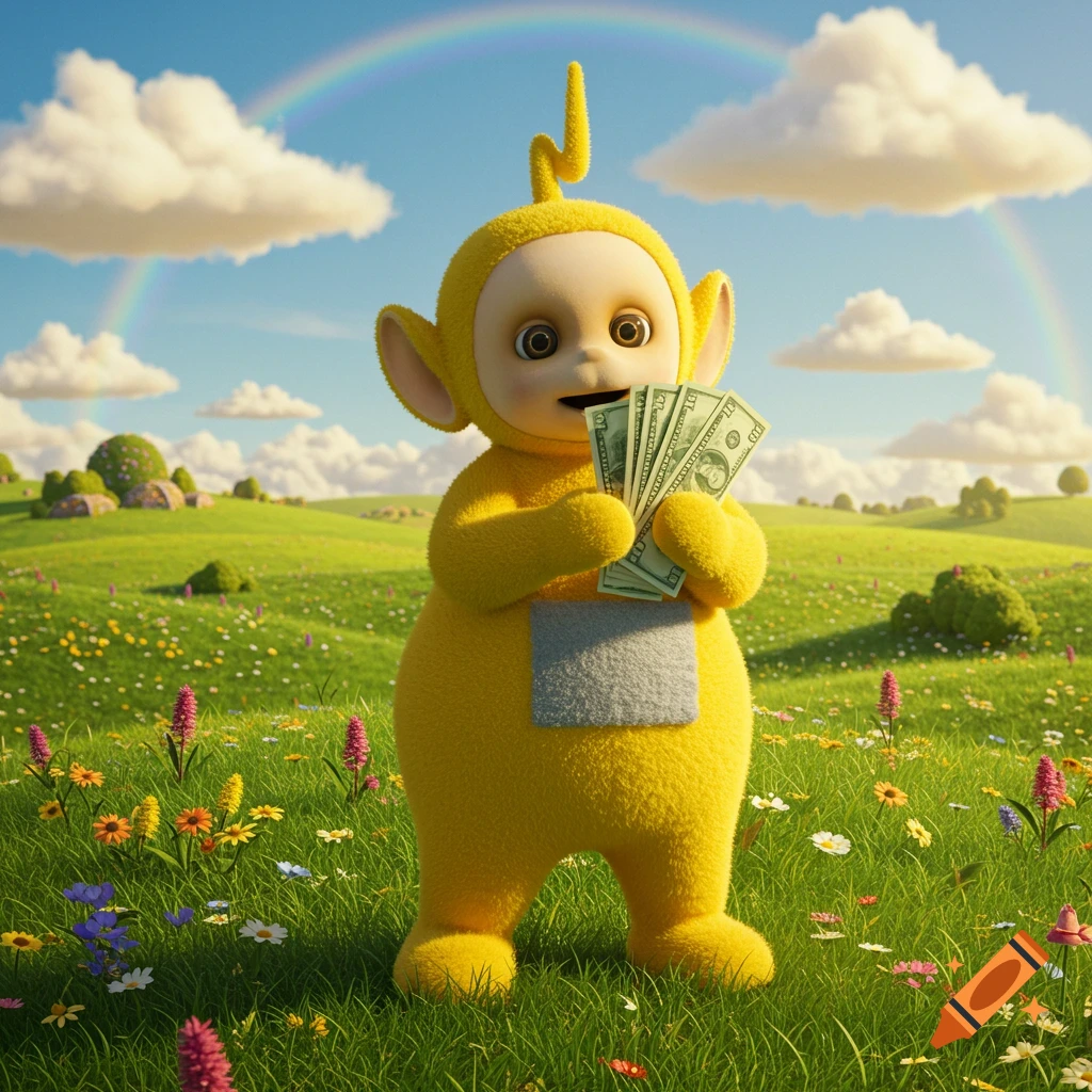 A yellow Teletubby, Laa-Laa, stands in a colorful green field with a rainbow, holding several green banknotes. Photorealistic.