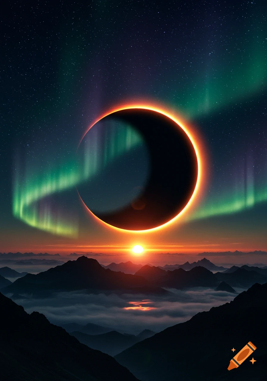 A stunning solar eclipse with an orange glow in a star-filled sky with aurora borealis over a sunset and misty mountains.