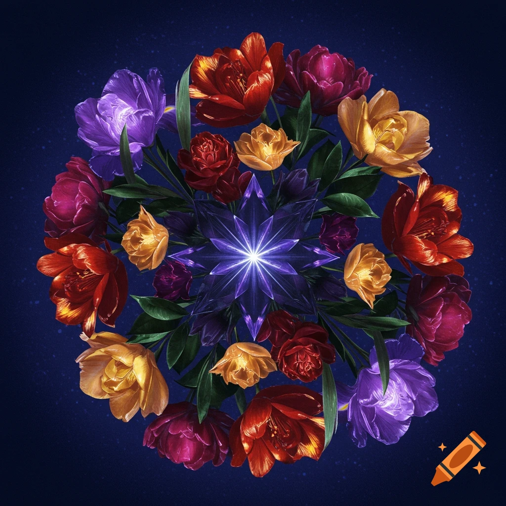 Vibrant jewel-toned floral arrangement in a circle, with red, orange, and purple flowers around a glowing star on a dark blue background.