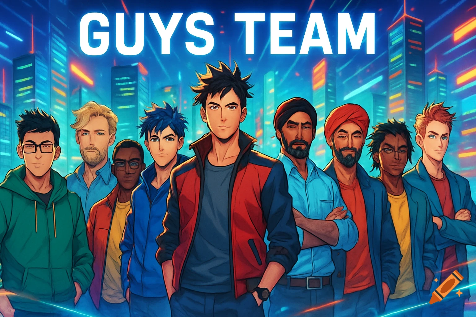 Anime graphic of a diverse male team, "GUYS TEAM" text above, in front of a futuristic city.