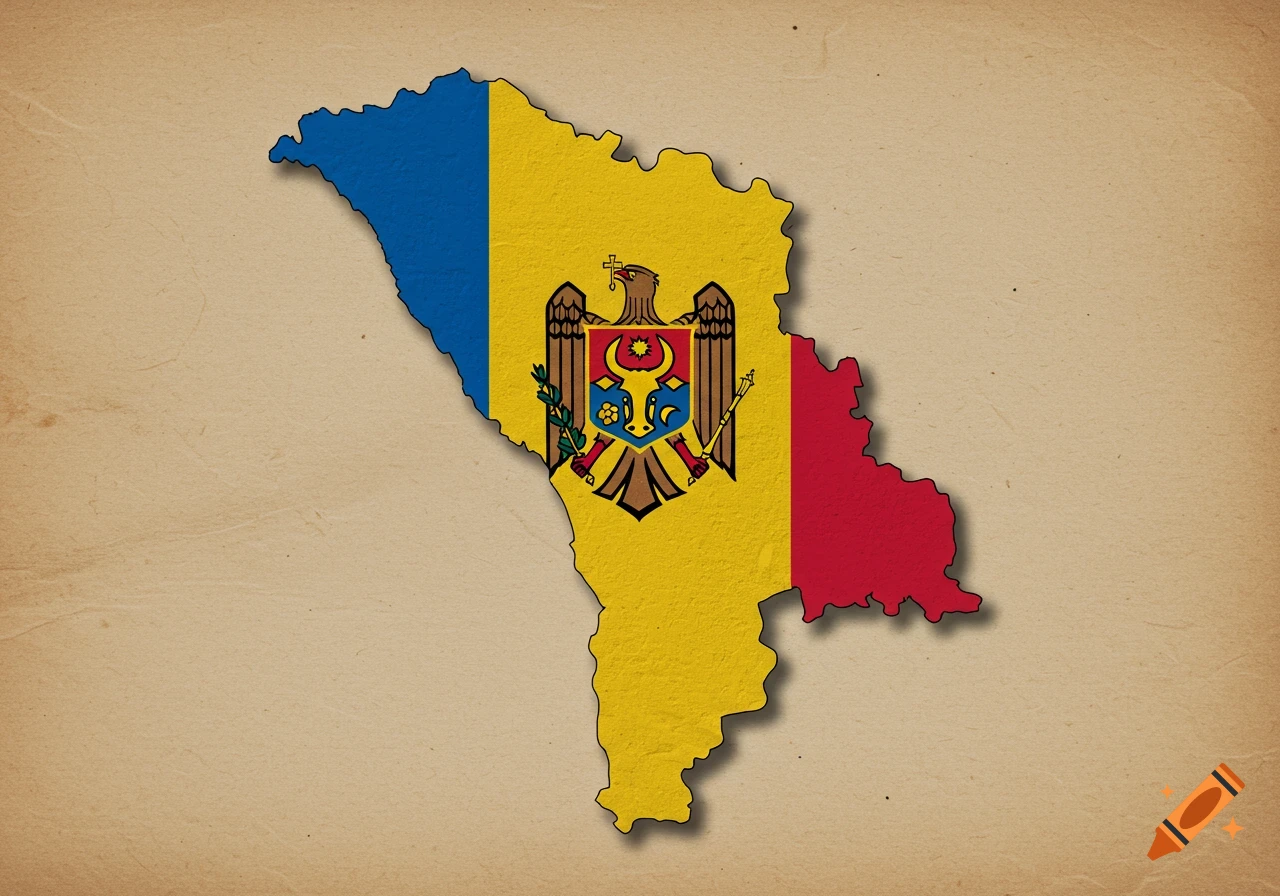 Map of Moldova with its national flag on a textured paper background.